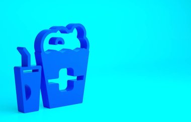 Karton kutuda mavi patlamış mısır ve mavi arka planda izole edilmiş saman ve su ikonu içilen kağıt bardak. Soda bardağı. Minimalizm kavramı. 3d illüstrasyon 3B canlandırma.