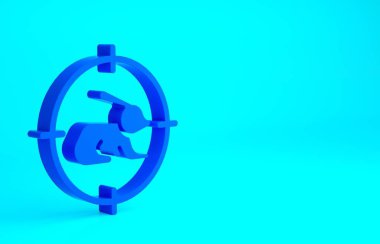 Mavi arka planda izole edilmiş hedef simgesi olan tavşan üzerinde Mavi Av. Tavşanlı ve hedefli av kulübü logosu. Tüfek merceği tavşan nişan alıyor. Minimalizm kavramı. 3d illüstrasyon 3B canlandırma.