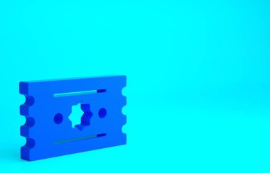 Mavi Bilet simgesi mavi arkaplanda izole edildi. Eğlence parkı. Minimalizm kavramı. 3d illüstrasyon 3B canlandırma.