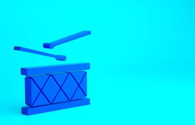 Mavi enstrüman davul ve but çubukları ikonu mavi arkaplanda izole edilmiş. Minimalizm kavramı. 3d illüstrasyon 3B canlandırma.