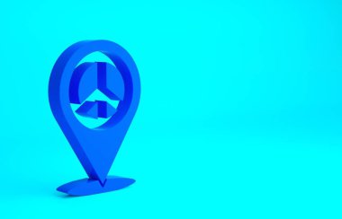 Mavi Konum barış simgesi mavi arka planda izole edildi. Hippi barış sembolü. Minimalizm kavramı. 3d illüstrasyon 3B canlandırma.
