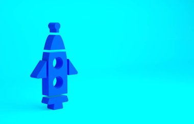 Mavi Roket gemisi simgesi mavi arkaplanda izole edildi. Uzay yolculuğu. Minimalizm kavramı. 3d illüstrasyon 3B canlandırma.