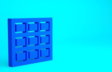 Mavi arkaplanda izole edilmiş mavi çikolata çubuğu simgesi. Minimalizm kavramı. 3d illüstrasyon 3B canlandırma.