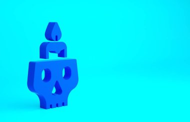 Mavi arka planda izole edilmiş bir kafatası simgesinde yanan mavi mum. Ölüm günü. Minimalizm kavramı. 3d illüstrasyon 3B canlandırma.