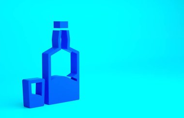 Mavi tekila şişesi ve mavi arka planda izole edilmiş cam ikon. Meksika alkolü. Minimalizm kavramı. 3d illüstrasyon 3B canlandırma.