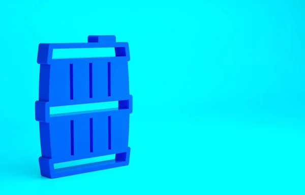 青色の背景に隔離された青い木製のバレルアイコン アルコール樽 飲料容器 ビール用の木製の樽 ウイスキー ワイン 最小限の概念 3Dイラスト3Dレンダリング — ストック写真