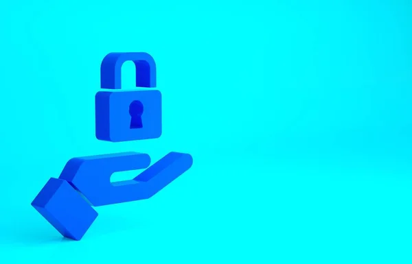 Blue Lock Mão Ícone Isolado Fundo Azul Sinal Cadeado Segurança — Fotografia de Stock