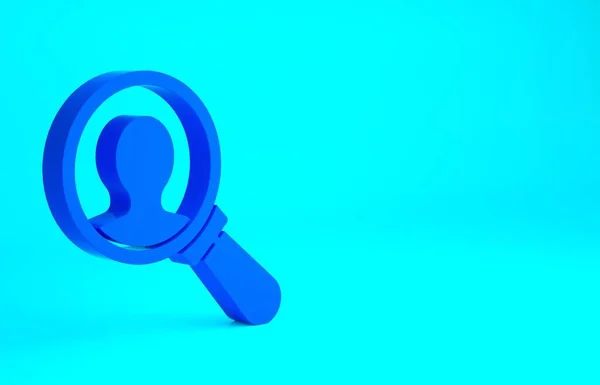 Blue Magnifying glass for search a people icon isolated on blue background. Recruitment or selection concept. Search for employees and job. Minimalism concept. 3d illustration 3D render.