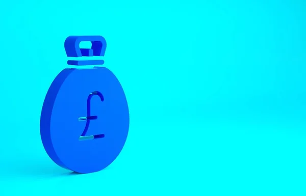 Blue Money bag with pound icon isolated on blue background. Pound GBP currency symbol. Minimalism concept. 3d illustration 3D render.