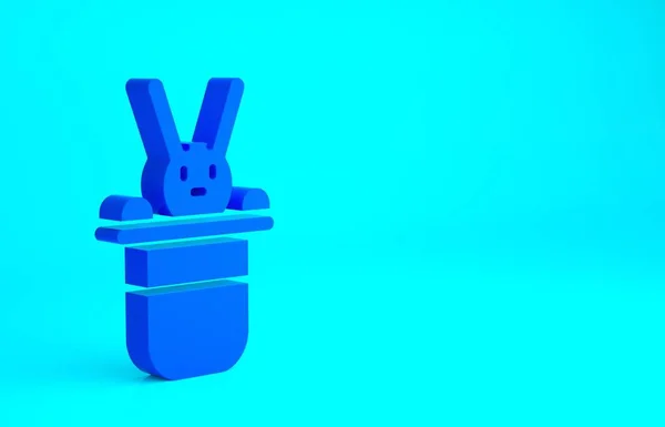 蓝色魔法帽和兔子图标被隔离在蓝色背景下 魔术把戏 神秘的娱乐理念 最低纲领的概念 3D渲染3D插图 — 图库照片