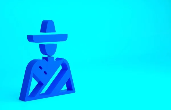 Blue Mexican man wearing sombrero icon isolated on blue background. Hispanic man with a mustache. Minimalism concept. 3d illustration 3D render.