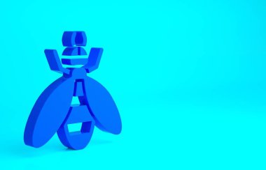 Mavi arının simgesi mavi arkaplanda izole edildi. Tatlı doğal yemek. Bal arısı ya da kanat sembollü apis. Uçan böcek. Minimalizm kavramı. 3d illüstrasyon 3B canlandırma.