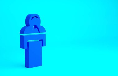 Mavi, mavi arkaplanda izole edilmiş ders simgesi verir. Podyumun yanında dur. Mikrofona konuş. Konuşmacı nutuklar ve jestler. Minimalizm kavramı. 3d illüstrasyon 3B canlandırma.