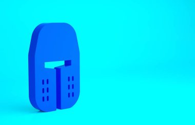 Mavi ortaçağ demir miğferi mavi arka planda izole edilmiş kafa koruma ikonu. Minimalizm kavramı. 3d illüstrasyon 3B canlandırma.