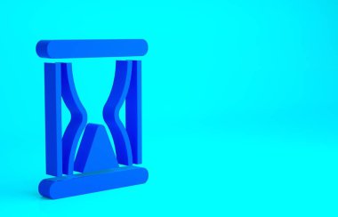 Mavi arka planda kum ikonu olan eski mavi kum saati. Kum saati işareti. İş ve zaman yönetimi kavramı. Minimalizm kavramı. 3d illüstrasyon 3B canlandırma.