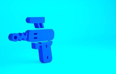 Mavi arkaplanda mavi ışın tabancası simgesi izole edildi. Lazer silahı. Uzay silahı. Minimalizm kavramı. 3d illüstrasyon 3B canlandırma.