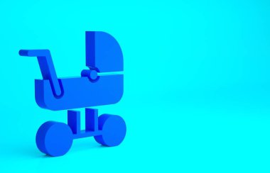 Mavi bebek arabası simgesi mavi arkaplanda izole edildi. Bebek arabası, at arabası, bebek arabası, bebek arabası, tekerlek. Minimalizm kavramı. 3d illüstrasyon 3B canlandırma.