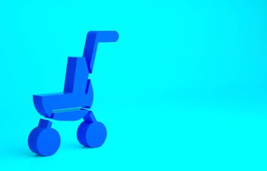 Mavi bebek arabası simgesi mavi arkaplanda izole edildi. Bebek arabası, at arabası, bebek arabası, bebek arabası, tekerlek. Minimalizm kavramı. 3d illüstrasyon 3B canlandırma.