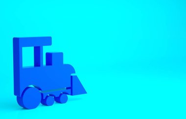 Mavi oyuncak tren ikonu mavi arkaplanda izole edildi. Minimalizm kavramı. 3d illüstrasyon 3B canlandırma.