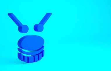 Mavi arka planda baget çubuğu simgesi olan Mavi Davul. Müzik işareti. Müzik aleti sembolü. Minimalizm kavramı. 3d illüstrasyon 3B canlandırma.