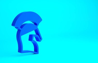 Mavi Yunan kask simgesi mavi arkaplanda izole edilmiş. Tüylü ya da at tüylü askerleri korumak için antika miğfer. Minimalizm kavramı. 3d illüstrasyon 3B canlandırma.