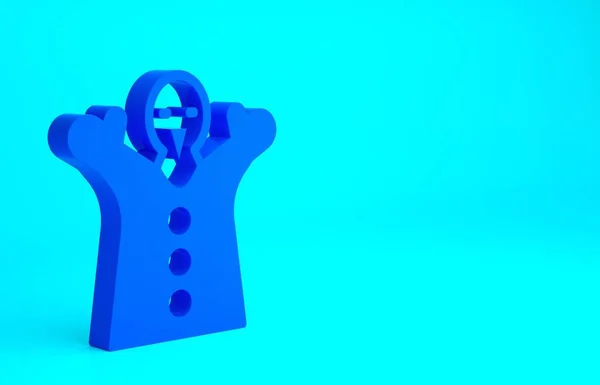 青い背景に隔離された手のアイコン上の青いおもちゃ人形 最小限の概念 3Dイラスト3Dレンダリング — ストック写真