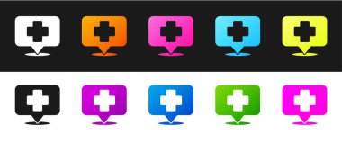 Tıbbi harita işaretçisini hastane simgesiyle siyah beyaz arkaplanda ayır. Vektör İllüstrasyonu