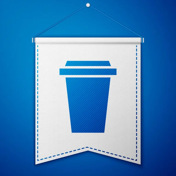 Blue Coffee csésze menni ikon elszigetelt kék háttér. Fehér zászlós sablon. Vektorillusztráció — Stock Vector
