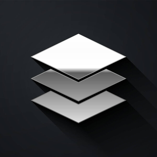 Серебряные слои одежды текстильная иконка изолированы на черном фоне. Элемент тканей. Длинный стиль тени. Векторная миграция