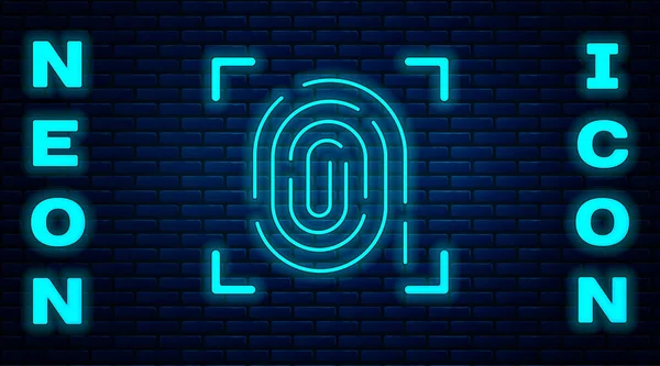 Glödande neon Fingerprint ikon isolerad på tegel vägg bakgrund. Ikonen för ID-appar. Identifieringsskylt. Rör id. Vektor — Stock vektor