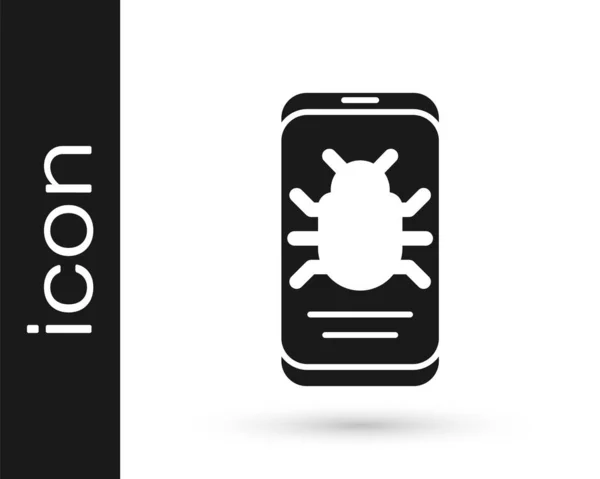 Black System bug on mobile icon isolated on white background. Code bug concept. Bug in the system. Bug searching. Vector — Stock Vector