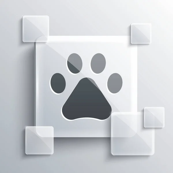 Icono de impresión de pata gris aislado sobre fondo gris. Huella de pata de perro o gato. Rastreo animal. Paneles cuadrados de vidrio. Vector — Vector de stock