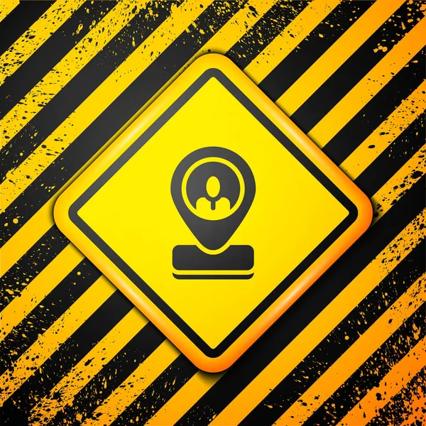 Black Worker Standort-Symbol isoliert auf gelbem Hintergrund. Warnzeichen. Vektor — Stockvektor