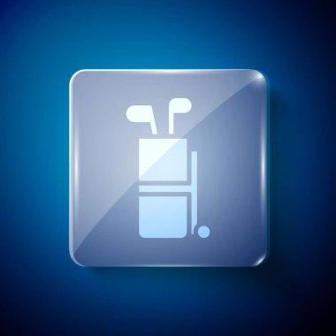 Mavi arka planda golf sopası simgesi olan beyaz golf çantası. Kare cam paneller. Vektör