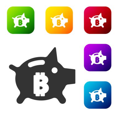 Siyah Piggy Bankası bitcoin ikonu beyaz arka planda izole edildi. Tasarruf ya da para birikimi, yatırım. Renkli kare düğmelerle simgeleri ayarla. Vektör