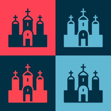 Pop Art Church binası ikonu renk arkaplanında izole edilmiş. Hıristiyan Kilisesi. Kilisenin dini. Vektör