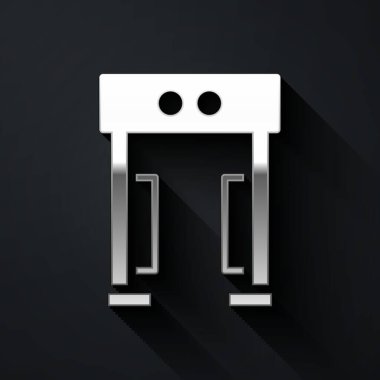 Silver Metal dedektör simgesi siyah arkaplanda izole edildi. Havaalanı güvenlik görevlisi metal dedektör kontrol noktasında. Uzun gölge tarzı. Vektör