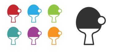 Masa tenisi ikonunu oynamak için siyah raket beyaz arka planda izole edilmiş. Simgeleri renklendirin. Vektör