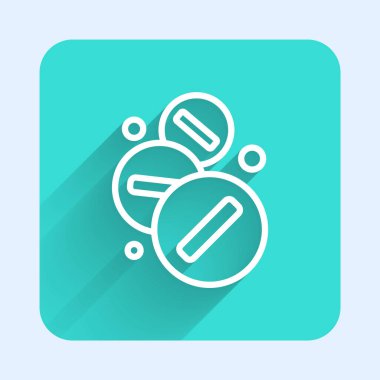 Uzun gölgeli beyaz çizgi ilaç veya tablet ikonu. Kapsül hapı ve uyuşturucu işareti. Eczane tasarımı. Yeşil kare düğmesi. Vektör İllüstrasyonu