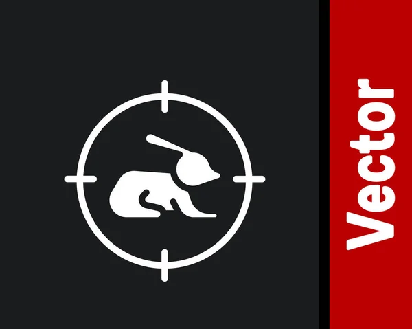 White Hunt sur lapin avec icône de réticule isolé sur fond noir. Logo du club de chasse avec lapin et cible. Objectif fusil visant un lièvre. Vecteur — Image vectorielle