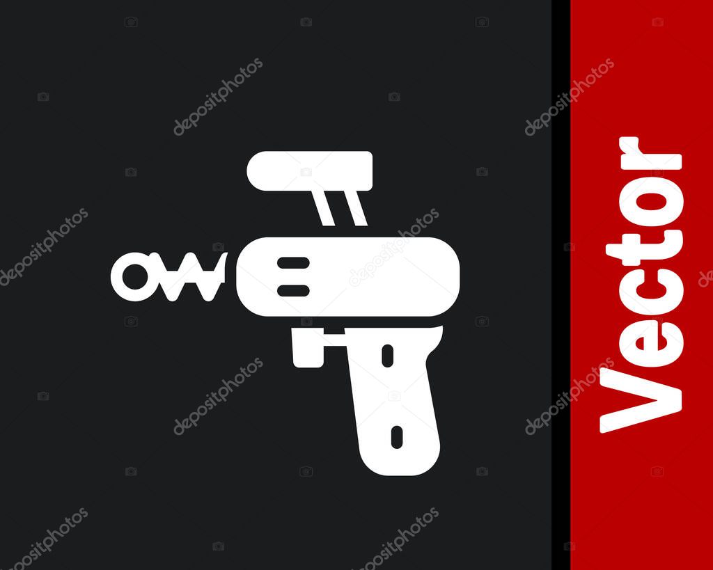 White Ray gun icon isolated on black background. Laser weapon. Space blaster. Vector