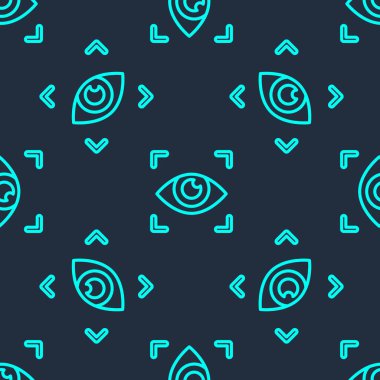 Yeşil çizgi göz tarama ikonu mavi arkaplanda kusursuz desen izole etti. Göz taraması yapılıyor. Güvenlik kontrol sembolü. Siber göz işareti. Vektör
