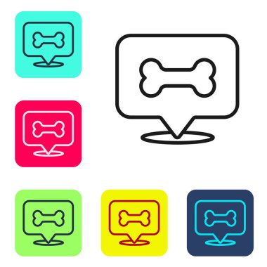 Beyaz arka planda siyah çizgi köpek kemiği ikonu izole edildi. Besin sembolü. Renkli kare düğmelerle simgeleri ayarla. Vektör