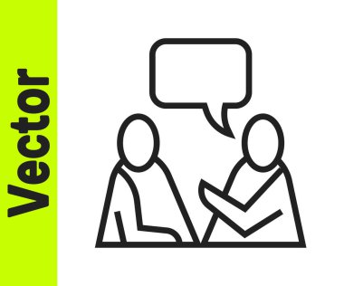 Siyah çizgi iki oturan adam konuşan ikon beyaz arka planda izole. Konuşma balonu sohbeti. İleti simgesi. İletişim ya da yorum sohbet sembolü. Vektör