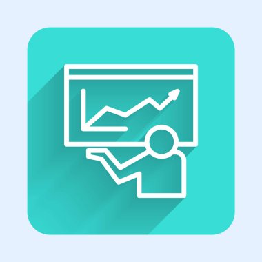 Beyaz Çizgi Eğitimi, sunum simgesi uzun gölgeli izole edilmiş. Yeşil kare düğmesi. Vektör