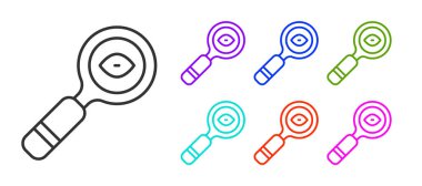 Beyaz arka planda siyah çizgi büyüteç simgesi izole edildi. Arama, odaklanma, yakınlaştırma, iş sembolü. Simgeleri renklendirin. Vektör