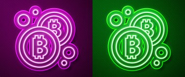Parlayan neon hattı Kripto para birimi simgesi Bitcoin mor ve yeşil arka planda izole edildi. Madeni para. Engelleme zinciri tabanlı şifreli para birimi. Vektör