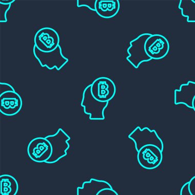 Yeşil çizgi Bitcoin ikonun mavi arkaplandaki kusursuz deseni izole ettiğini düşünüyor. Kripto para birimi başı. Engelleme teknolojisi, dijital para piyasası, şifreli para cüzdanı. Vektör