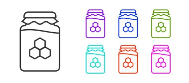 Beyaz arkaplanda siyah çizgi bal ikonu var. Yiyecek bankası. Tatlı doğal gıda sembolü. Simgeleri renklendirin. Vektör