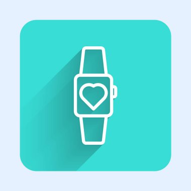 Beyaz çizgi Smartwatch simgesi uzun gölgeli izole edilmiş. Yeşil kare düğmesi. Vektör